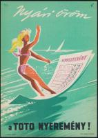 cca 1965 Nyári öröm a Toto nyeremény, vízisíelő nő, s.: Macskássy. Villamosplakát. 24x16 cm