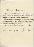 1931. aug. 25 Telcs Ede (1872-1948) magyar szobrászművész autográf aláírásával ellátott sorai Gerő Ödön műkritikusnak (1863-1939), amelyben gratulál Zsófia lánya házasságkötéséhez, miután Csehszlovákiából hazatért.