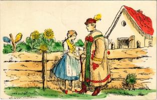 Magyar folklór művészlap / Hungarian folklore art postcard + "1938 Kassa visszatért" So. Stpl.