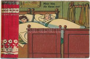 Mizzi blas die Kerze aus! / Mizzi blow out the candle! / Humorous folding card with couple in bed, openable curtain, litho (r)