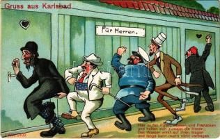 Karlovy Vary, Karlsbad; Gruss aus Karlsbad! Für Herren / toilet humour, Jewish man, art postcard. L.W.K. 2102. litho (worn corners)