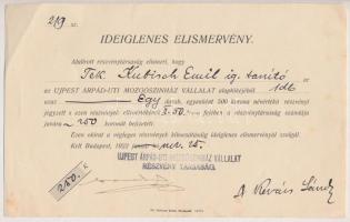 Budapest 1922. Ujpest Árpád-uti Mozgószínház Vállalat ideiglenes elismervénye 500K értékű részvényről T:II