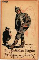 1917 Ein glückliches Neujahr! Feldpostkarte / Boldog Újévet! / WWI Austro-Hungarian K.u.K. military New Year greeting art postcard s: Hermann Molzer + "M. kir. 313. honvéd gyalogezred 1. zászlóalj gazdasági hivatala" "Tábori Postahivatal 640" (EK)