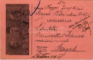 1916 Első világháborús tábori postai levelezőlap a Központi Hatalmak uralkodóival: V. Mehmed, II. Vilmos, Ferenc József / WWI K.u.K. military field post postcard, Central Powers propaganda: Mehmed V, Wilhelm II, Franz Joseph I of Austria. Feldpostkarte (fa)