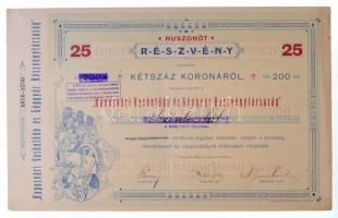 Kaposvár 1923. Kaposvári Vasöntöde és Gépgyár Részvénytársaság 25 részvénye egyenként 200K-ról szelvényekkel, bélyegzéssel T:II-