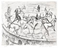 P Rentsch jelzéssel: Cirkusz. Rézkarc, papír, számozott (6/20), üvegezett fa keretben, 19,5x24,5 cm