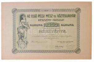 Pécs 1914. Az Első Pécsi Mész- és Gőztéglagyár Részvény-Társulat részvénye 1000K-ról szelvényekkel T:I-