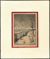Conrad Gyula (1877-1959): Téli táj, rézkarc, papír, jelzett, paszpartuban, 12×8,5 cm