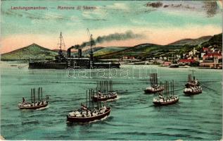 K.u.K. Kriegsmarine Landungsmanöver / Manovre di sbarco / Austro-Hungarian Navy landing maneuver of SMS Kaiserin Elisabeth protected cruiser, mariners in boats, disembarkation. G. Fano, Pola 1909. No. 51.