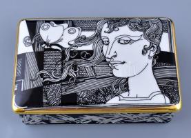 Hollóházi Szász Endre által tervezett mintával díszített porcelán dobozka, matricás, jelzett, hibátlan, 14x9 cm