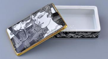 Hollóházi Szász Endre által tervezett mintával díszített porcelán dobozka, matricás, jelzett, hibátl...