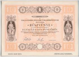 Tolna 1928. Tolnavidéki Polgári Takarékpénztár 10db részvénye 100P-ről szelvényekkel, MINTA T:I-