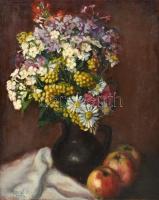 Margl O 1946 jelzéssel: Csendélet virágokkal és gyümölcsökkel. Olaj, fa, keretben, 48,5×38,5 cm
