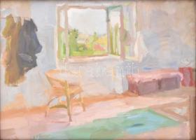 Vidéky Brigitta (1911-2017): Kilátás az ablakból. Olaj, karton, jelzett. Üvegezett fa keretben, 29×41 cm