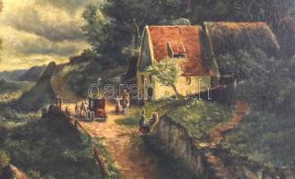 Olvashatatlan jelzéssel: Kocsi a ház előtt. Olaj, karton, sérült. Fa keretben, hátoldalán baseli ker...