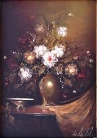 Fülöp Gábor jelzéssel: Virágcsendélet. Olaj, fa. Díszes fa keretben,13×9 cm
