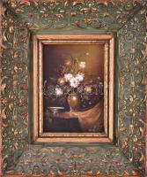 Fülöp Gábor jelzéssel: Virágcsendélet. Olaj, fa.  Díszes fa keretben,13×9 cm
