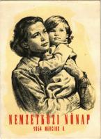 1954 International Women's Day propaganda card + So. Stpl., 1954 Nemzetközi Nőnap. Kiadja a Magyar Nők Demokratikus Szövetsége + So. Stpl.