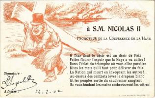 1902 Béketárgyalások Hágában 2. Miklós Orosz Cárral, propaganda. s: Willette, 1902 S. M. Nicholas II Promoteur de la Conférence de la Haye / Peace Conference at The Hague propaganda, Tsar Nicholas II s: Willette