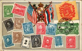 Hawaii. Set of Hawaiian stamps, coat of arms, flags. Published by the Island Curio Co. Jas. Steiner (Honolulu) litho., Hawai bélyeg szett, címer, zászló. Island Curio Co. Jas. Steiner (Honolulu) által kiadva, litho.