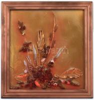 M Bender jelzéssel: Arany-vörös csendélet. Akril, applikáció, karton, fa keretben, 46x44 cm