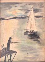 Farkas jelzéssel: Balatoni horgász. Akvarell, papír, üvegezett keretben, 24,5x18 cm