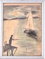 Farkas jelzéssel: Balatoni horgász. Akvarell, papír, üvegezett keretben, 24,5x18 cm