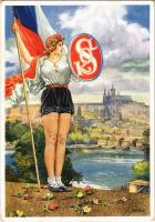 1938 X. Vsesokolsky Slet Praha / 10th Sokol meeting in Prague. Sokol sports movement advertisement card, patriotic propaganda s: J. Soukup + So. Stpl.