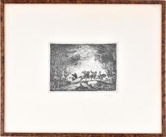 Rudnay Gyula (1878-1957): Lovasok. Rézkarc, papír, jelzett, üvegezett keretben, 15×19 cm