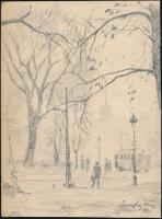 Lovaghy István (1898-?): Park trolibusszal. Ceruza, papír, jelzett, 24,5×18,5 cm