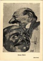 Hóman Bálint politikus, történész és vallás- és közoktatásügyi miniszter, náci-szimpatizáns. Nemzetiszocialista-ellenes gúnyos karikatúra / Hungarian politician and Minister of Religion and Public Education, sympathizer of the Nazis. WWII Hungarian anti-NS mocking caricature s: Gatto Nero (Wittmann Rezső)