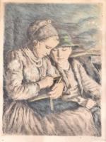 Glatz Oszkár (1872-1958): Első lecke. Rézkarc, papír, sérült, jelzett.Díszes, kissé sérült üvegezett keretben,  35×26  cm.