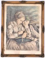 Glatz Oszkár (1872-1958): Első lecke. Rézkarc, papír, sérült, jelzett.Díszes, kissé sérült üvegezett...