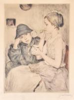 Glatz Oszkár(1872-1958)-Prihoda István(1891-1956): Buborékfújók. Színezett rézkarc, papír. Díszes, üvegezett keretben, 35×27 cm