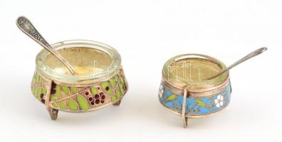 2 db orosz, zománcfestett kaviáros edényke, üveg betéttel, kiskanállal, eredeti dobozában 5 cm