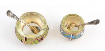 2 db orosz, zománcfestett kaviáros edényke, üveg betéttel, kiskanállal, eredeti dobozában 5 cm