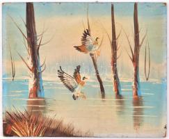 Jelzés nélkül: Madarak. Olaj, farost, sarkaiban kissé sérült. 20x24 cm