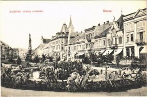 Kassa, Kosice; Fő utca, szökőkút, Sziegfried Pál üzlete / main street, fountain, shops