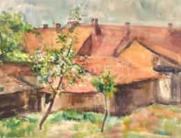 Szilvásy Margit (1898 -1977): Vörös tető házak. Akvarell, papír, jelzett, paszpartuban, 28,5×37,5 cm