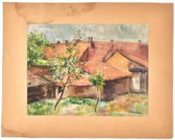 Szilvásy Margit (1898 -1977): Vörös tető házak. Akvarell, papír, jelzett, paszpartuban, 28,5×37,5 cm