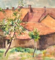 Szilvásy Margit (1898 -1977): Vörös tető házak. Akvarell, papír, jelzett, paszpartuban, 28,5×37,5 cm