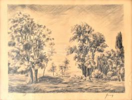 Olvashatatlan jelzéssel: Erdőszéle. Ceruza, papír. Üvegezett, kissé sérült fa keretben, 25x34 cm