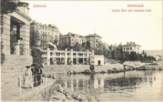 Abbazia, Opatija; Südstrand. Quitta Bad und Arkaden Cafe / fürdő, kávéház. Divald Károly 1634-1908. / spa, bath, café