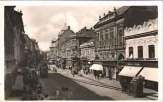 1931 Miskolc, Széchenyi utca, Braun József, Pataki Soma, Bloch üzlete, villamos, szálloda, Nemzeti Hitelintézet