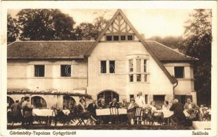 1930 Miskolctapolca, Görömbölytapolca, Görömbölyi-Tapolca, Tapolca (Miskolc); Szálloda és étterem, terasz vendégekkel és pincérrel. Kiadja Grünwald Ignác