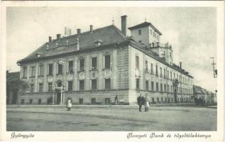 1928 Gyöngyös, Nemzeti Bank és Tűzoltólaktanya, forgalmi tábla "Lépésben hajts!" felirattal