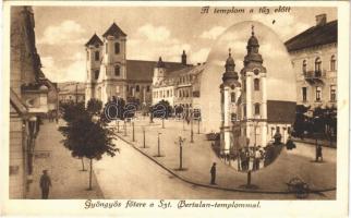 1929 Gyöngyös, Fő tér a Szent Bertalan templommal, a templom az 1917-es nagy tűzvész előtt. Özv. Koczián Elemérné kiadása