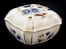 Zsolnay porcelán búzavirágmintás bonbonier, kézzel festett, jelzett, kis kopásnyomokkal, 10×10×7 cm