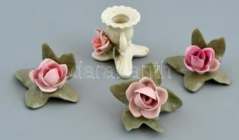 Ens porcelán gyertyatartó és 3 db Drezdai porcelán rózsa, kézzel festett, jelzett, lepattanásokkal, 5×6 cm