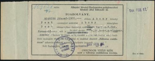 1943 Bp., Alispáni hivatal által kiállított, emlékérem viselésére jogosító igazolvány
